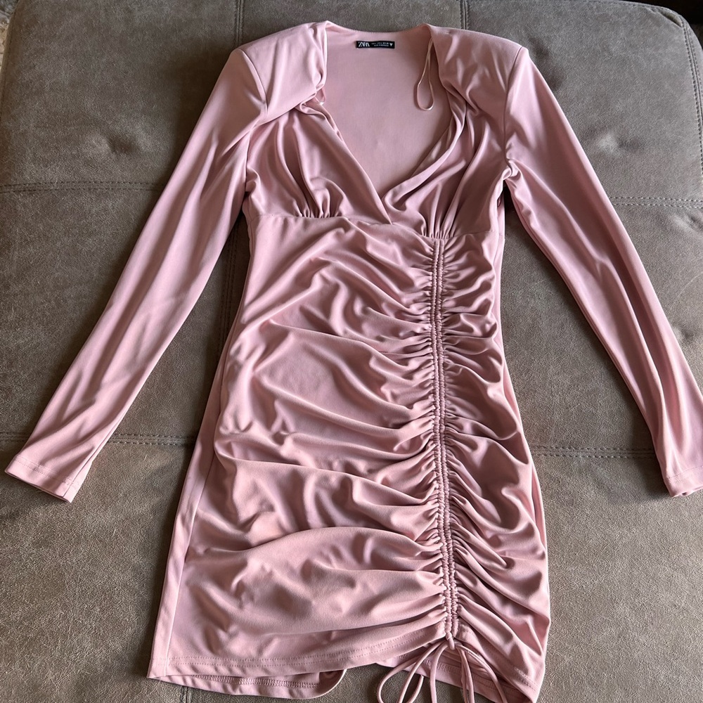 Zara Pink Ruched Long-Sleeve V-Neck Bodycon Dress